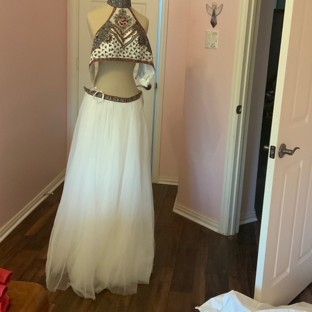 Sherri Hill White Dress with Red and Green Accents, Prom Dress